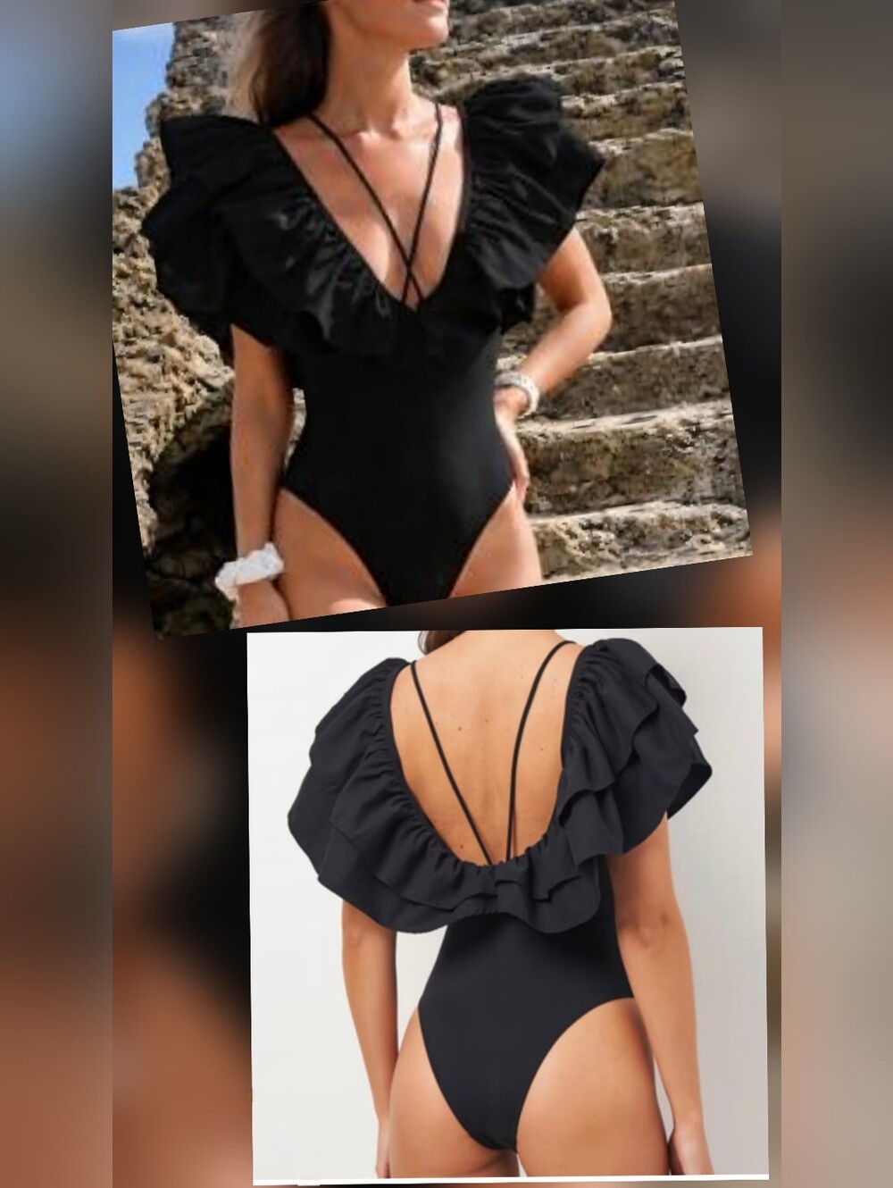 ZARA Black Ruffled Deep V-Neck  Swimsuit /Bodysuit Women's (SM 4-6 US)